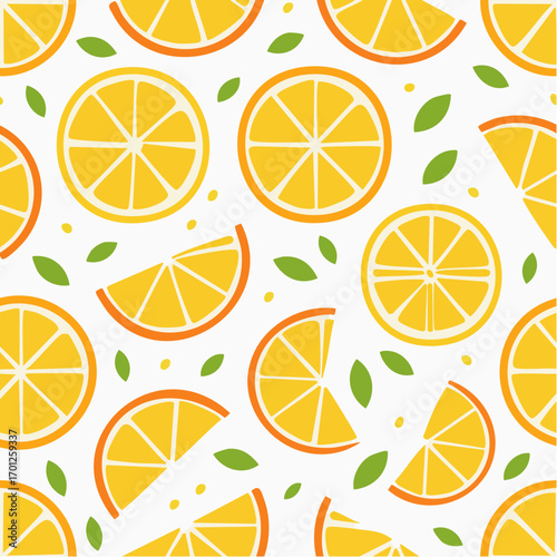 Seamless Pattern of Orange Slices and Green Leaves on White Background