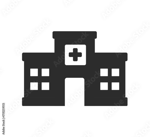 Black hospital building stencil icon silhouette with cross symbol on the roof, representing healthcare, emergency, clinic, doctor services, medical facility architecture, and public health care.
