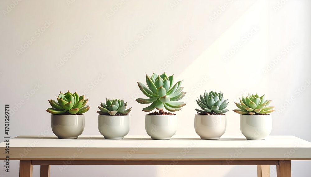 Fototapeta premium Five small succulents in simple, light gray ceramic pots sit in a row on a white table against a light background.