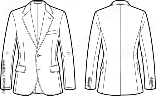 Men’s blazer fashion flat sketch, formal jacket vector template, tailored coat design, cad drawing illustration, stylish clothing pattern, apparel design vector