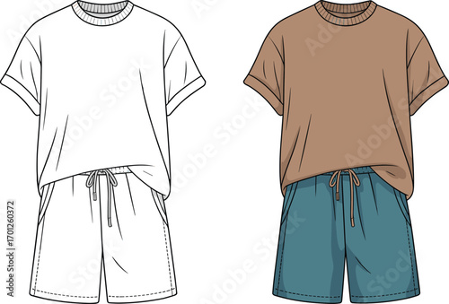 Men’s casual outfit fashion flat sketch, t-shirt and shorts cad drawing, vector clothing template design, summer apparel illustration, stylish wear