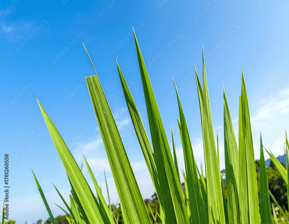 Fototapeta premium A vibrant close-up of lush green grass blades, glistening with morning dew, set against a bright blue sky dotted with fluffy white clouds.