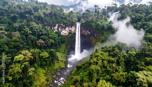 Aerial view of a majestic waterfall cascading into a river surrounded by lush green rainforest, mist rising