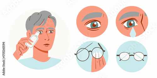 Elderly man applying eye drops for dry eyes and vision correction with glasses