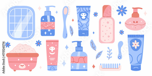 Collection of cute cartoon bathroom and skincare products arranged in a flat design style
