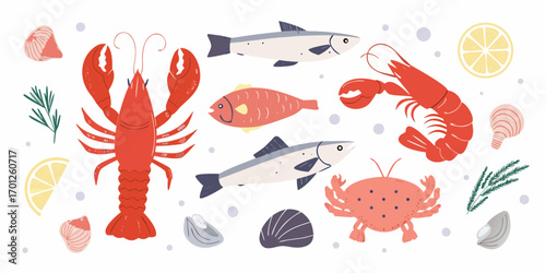 Flat design collection of delicious seafood and ocean delicacies with lemon and herbs