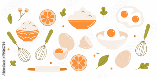 Hand drawn illustration of baking ingredients and kitchen tools in a flat design style