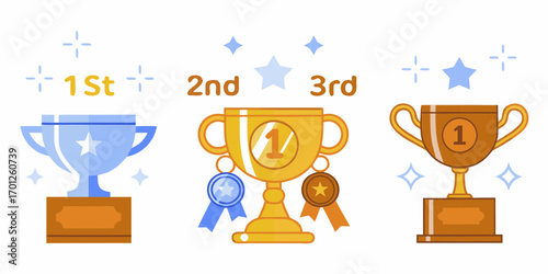 First second and third place trophies with medals and stars representing victory and achievement