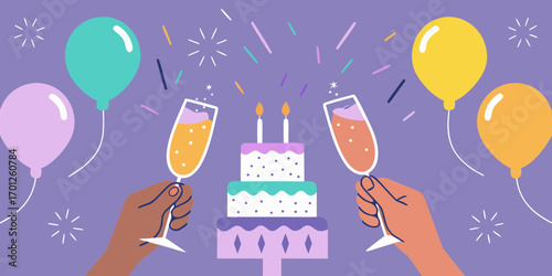 Celebration with a festive tiered cake champagne glasses balloons and confetti on a purple background