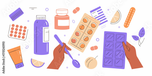 Flat design illustration of various medical supplies and medications including pills creams and bottles