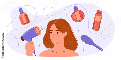 Young woman with red hair styling her hair with a blow dryer and hair products