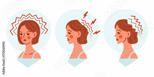 Woman experiencing different types of headaches and migraines with visual pain indicators