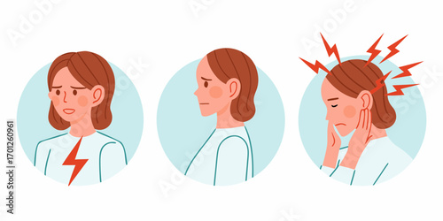 Woman experiencing different emotions and physical discomforts including sadness worry and headache