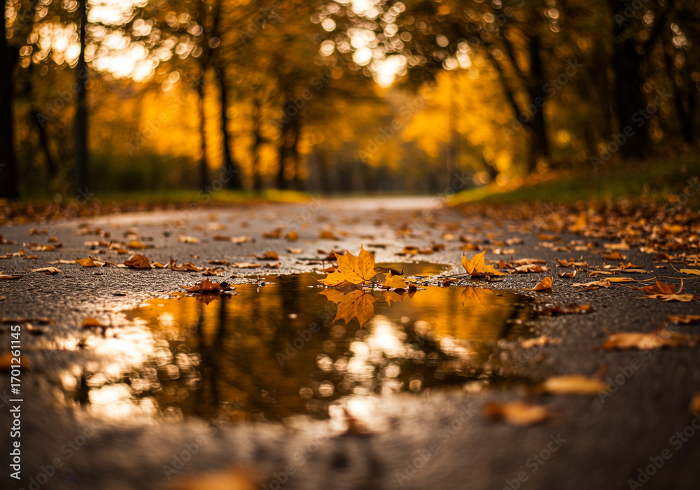 Fototapeta premium Vibrant autumn path with golden leaves reflecting in puddles, evoking cozy seasonal charm
