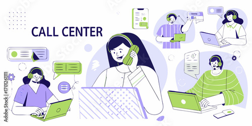 Diverse call center agents providing customer support and communication services with technology