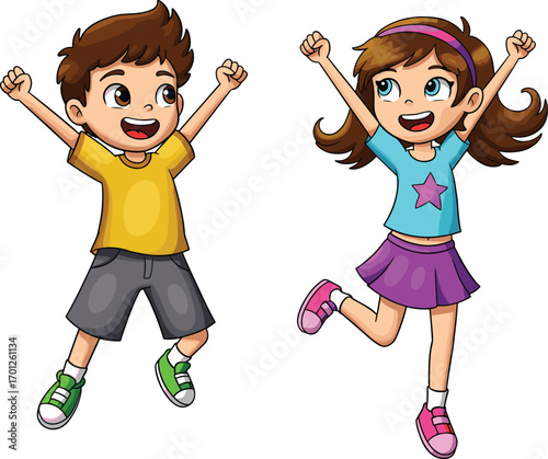 Art & IllustrationHappy cartoon kids jumping, cheerful boy and girl with arms up, joyful children illustration, playful summer fun, energetic characters