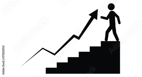 a person climbs stairs towards an upward arrow symbolizing progress