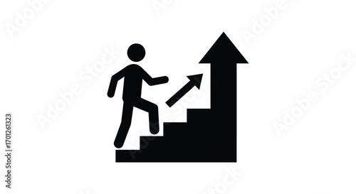 a person climbing stairs towards an upward arrow