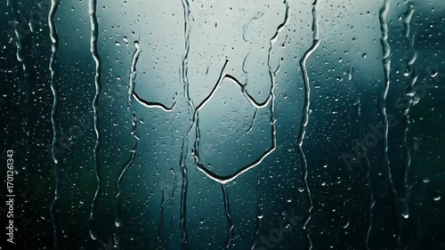 Raindrops cascade down the windowpane, creating abstract patterns and soft reflections of light. The blurry background outside the window lends a sense of depth and melancholy