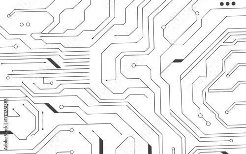 Abstract futuristic circuit board pattern with digital technology elements in a clean white background 

