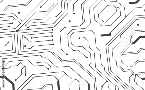 Abstract futuristic circuit board pattern with digital technology elements in a clean white background 

