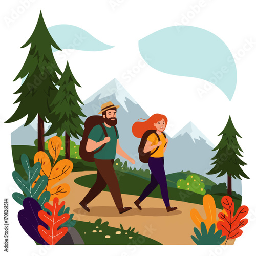 A couple hiking in a mountain landscape, surrounded by trees and colorful foliage, enjoying an outdoor adventure.