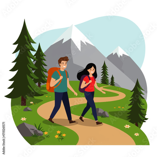 A couple hikes along a winding trail in a mountainous landscape, surrounded by trees and wildflowers.