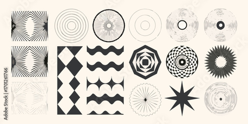 Collection of abstract geometric shapes and patterns in black and white with a minimalist aesthetic