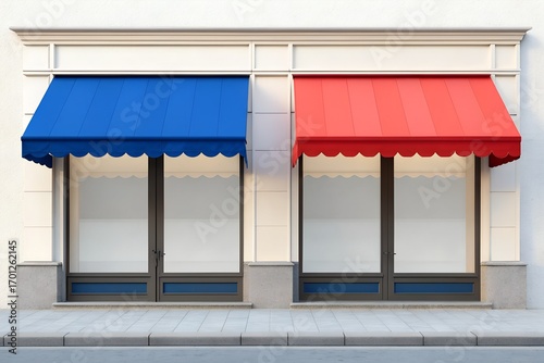 Two adjacent storefronts with scalloped blue and red awnings on light facade – Conceptual symbol of retail symmetry, commercial design contrast, and urban storefront identity, business, abstract