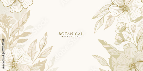 Elegant botanical background with delicate line art flowers and leaves in soft neutral tones