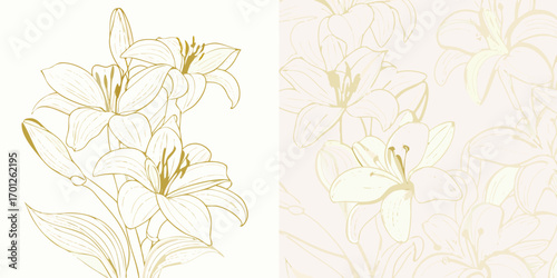 Elegant golden outline of lilies on a white background and a seamless floral pattern with pale yellow lilies