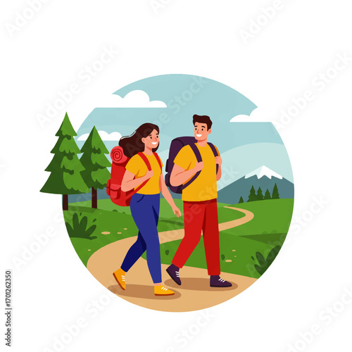 A young couple with backpacks hikes along a path through a green landscape with trees and mountains in the background.