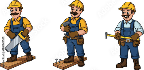 Cartoon construction workers, builder characters with tools illustration, handyman artwork, carpenter design, vector construction drawing, builder repairman cartoon clipart
