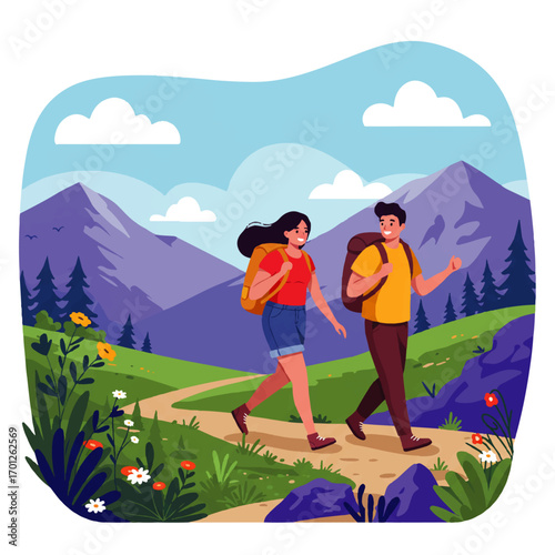 Two hikers, a man and a woman, are walking along a dirt path in a mountainous landscape with flowers and trees under a blue sky with white clouds.