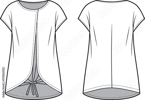 Women’s blouse fashion flat, stylish top template, short sleeve garment design, clothing mockup, apparel sketch illustration, modern shirt fashion cad drawing