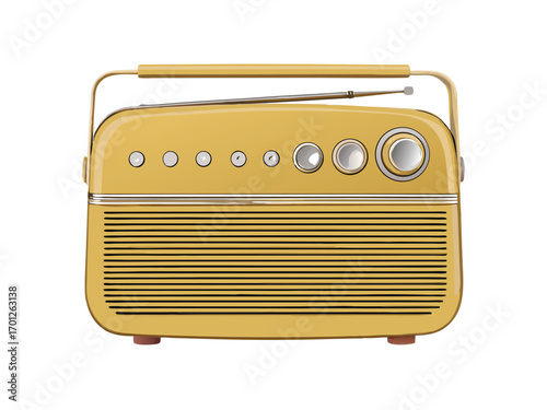 A beautifully rendered close up of a retro yellow radio receiver with antenna and controls for music listening. 
