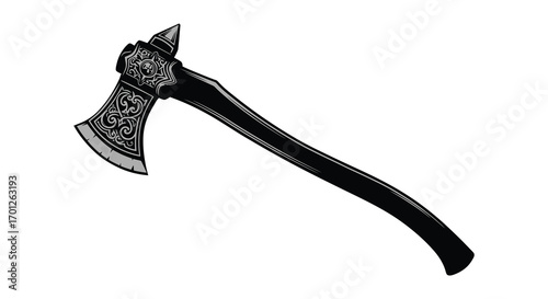 an ornate black axe with intricate silver blade design