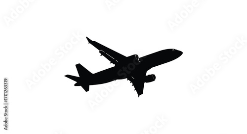 a black silhouette of an airplane flying against white background