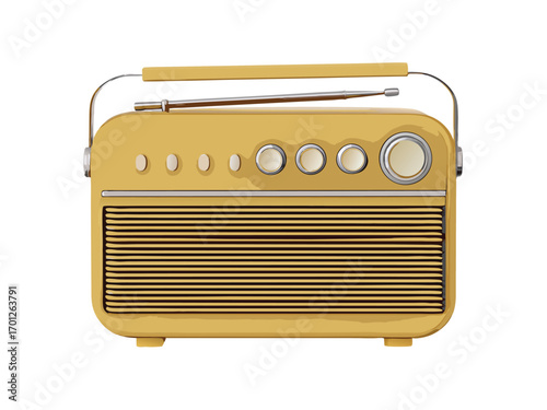 A beautifully rendered close up of a retro yellow radio receiver with antenna and controls for music listening. 
