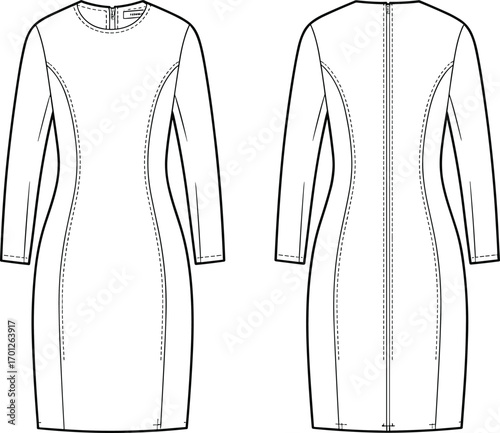 Women’s bodycon dress flat sketch, long sleeve fashion cad drawing, vector clothing template design, slim fit apparel illustration, stylish wear