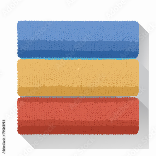 Stack of Three Soft Blue Yellow and Red Towels