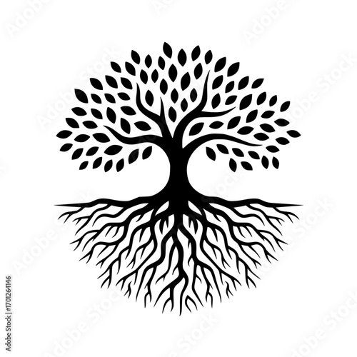 Symbolic tree of life with deep roots and abundant leaves representing growth and connection