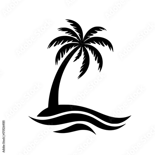 Iconic black palm tree silhouette on a tropical island with stylized ocean waves