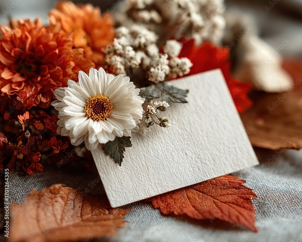 Fototapeta premium Blank card surrounded by fall leaves, ideal for Thanksgiving messages or invitations