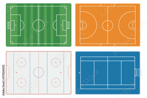 Set of Sports Playfields Vector Illustration,  Soccer Football Field, Tennis Court, Basketball Court, and Ice Hockey Rink Mockup Background for Game Strategy and Tactics Design