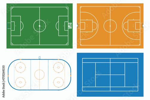 Sports Field Vector Collection,  Soccer Football Pitch, Basketball and Tennis Courts, Ice Hockey Rink Mockup Layouts for Tactics, Training Plans, and Strategy Background Design