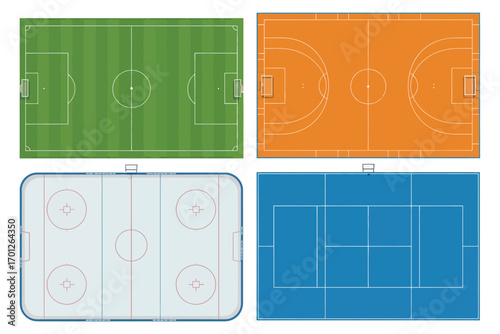 Set of Playfields for Sports,  Soccer Football Field, Basketball and Tennis Courts, Ice Hockey Rink Strategy Board Mockup for Tactics, Coaching, and Training Illustrations