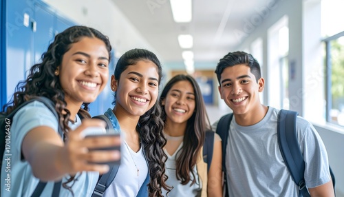 Diverse teens smile for a selfie in a bright school hallway, backpacks on, blue lockers, and natural light