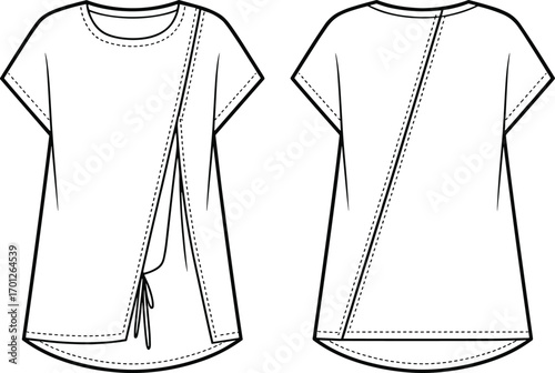 Women’s fashion blouse template, stylish top flat sketch, short sleeve apparel design, clothing mockup illustration, modern shirt fashion cad garment drawing