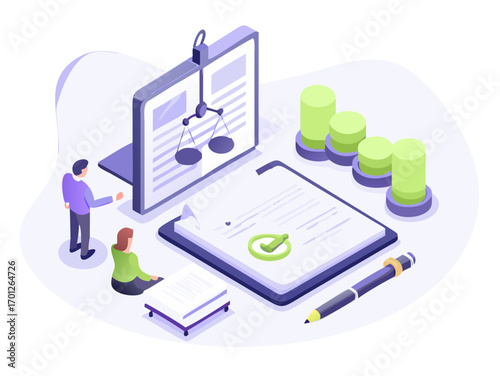 Isometric illustration of legal consultation with scales of justice and document approval